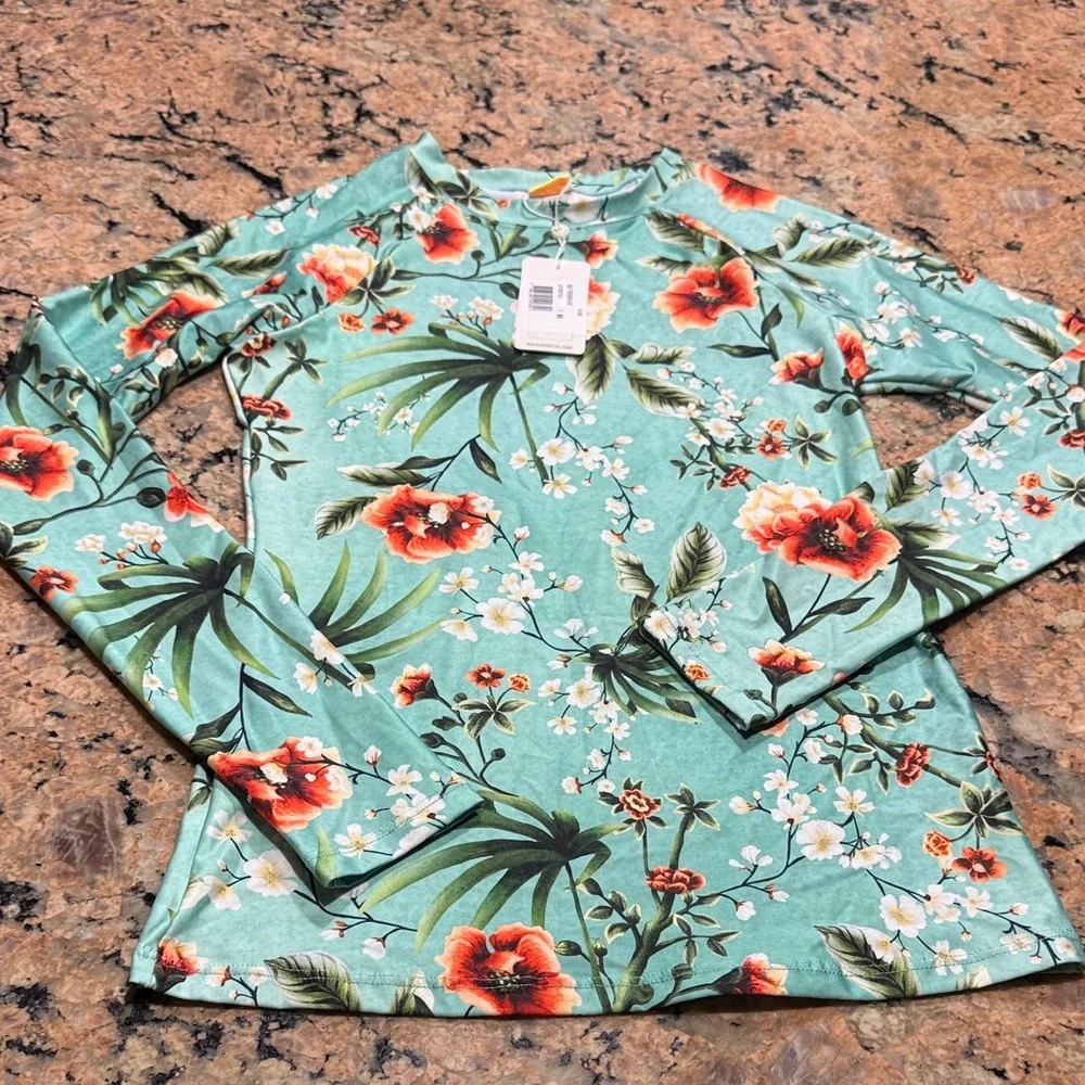 NWT Agua Bendita Blue Green Floral Top rash guard M